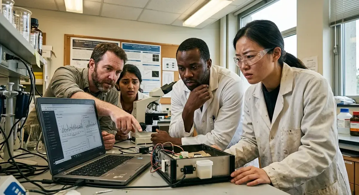 Scientists in lab coats, looking concerned, gathered around a glowing AI brain model, demanding internet cutoff.