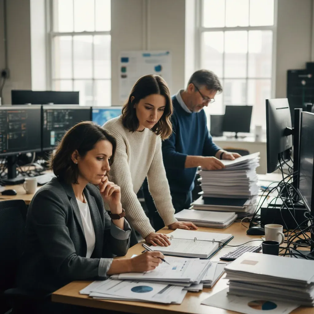 AI agents automating data retrieval, cleaning, analysis, modeling, and reporting in a modern office workspace with digital di