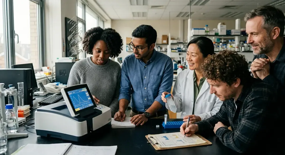 AI agent assisting scientist in a lab, handling routine tasks like data entry and sample sorting.