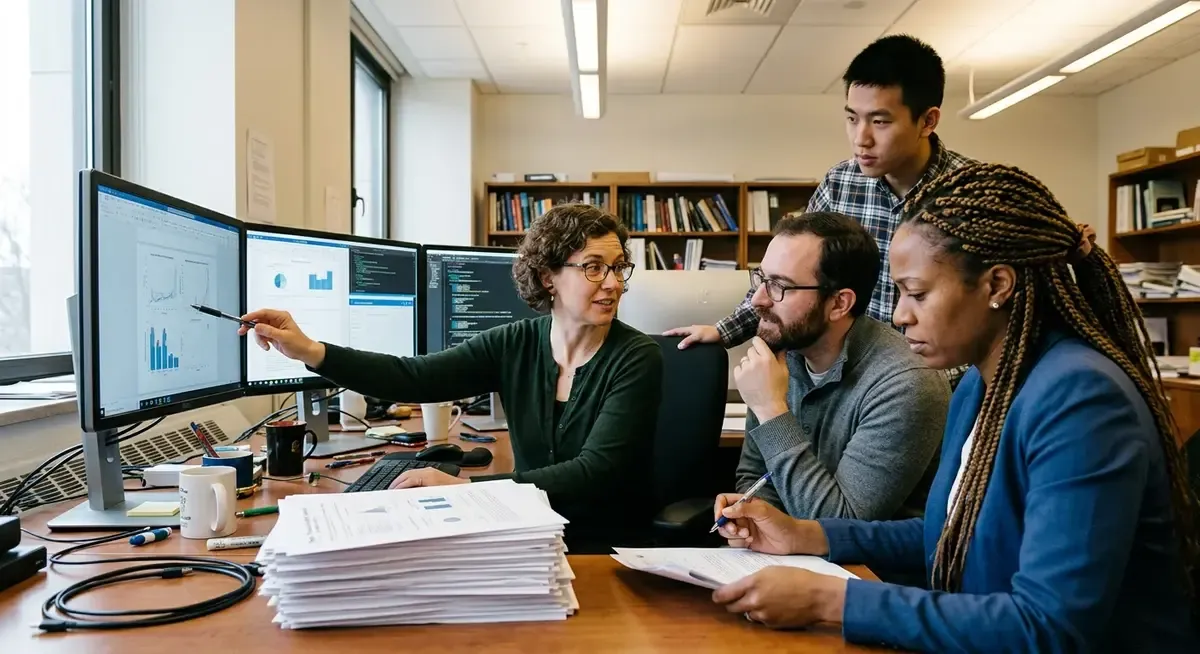 AI agent selecting economics research papers from a large digital library, demonstrating automated analysis.