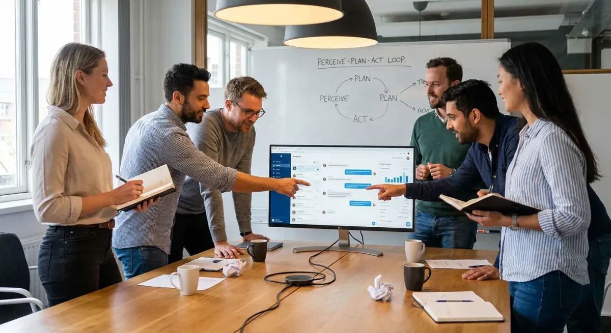 Team around a screen mapping an AI agent workflow — the perceive, plan, act loop sketched on a whiteboard