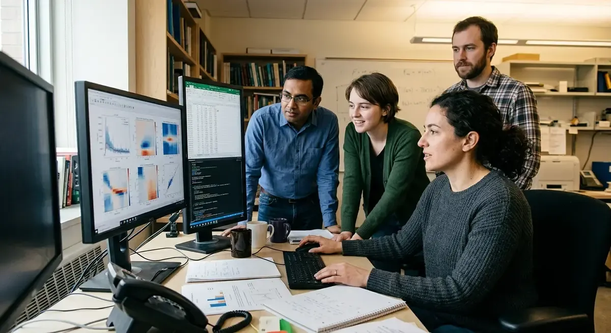 AI agents reporting cheating, study finds. Digital figures pointing at a glowing screen with data.