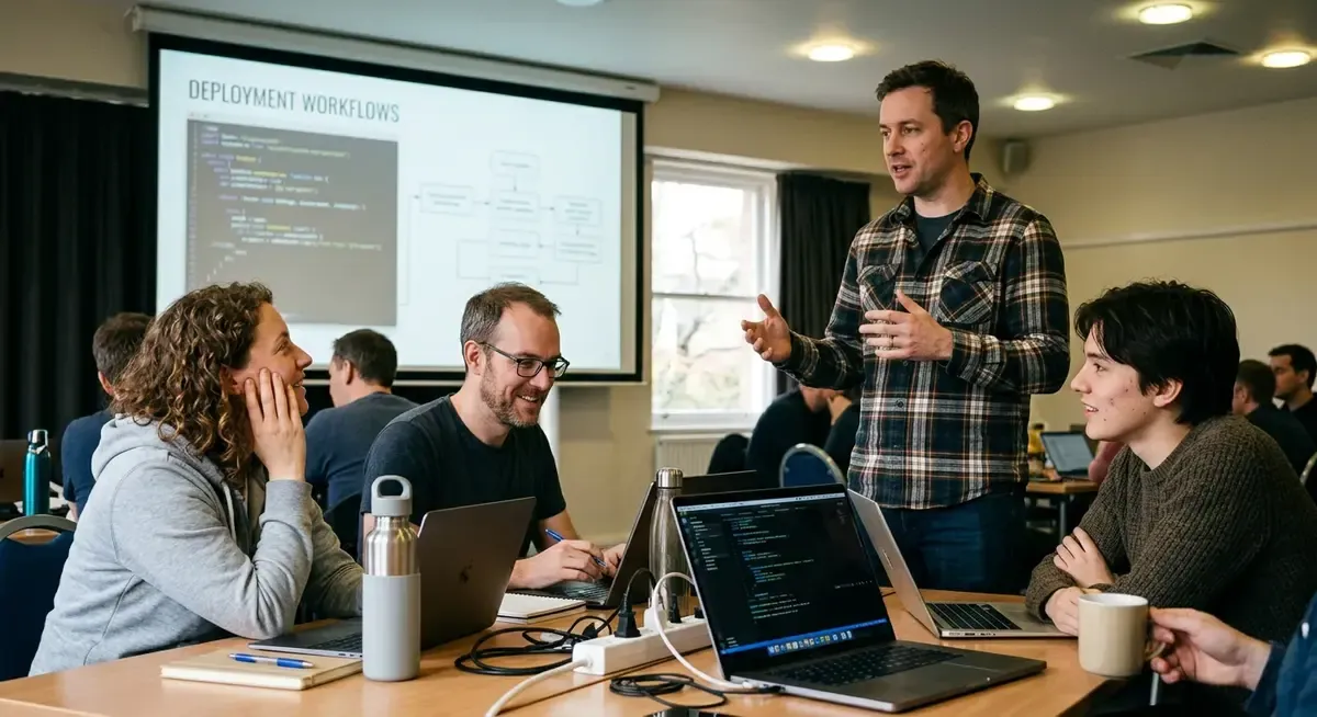 AI agent's glowing interface guides a diverse team of experts debating critical decisions in a modern office.