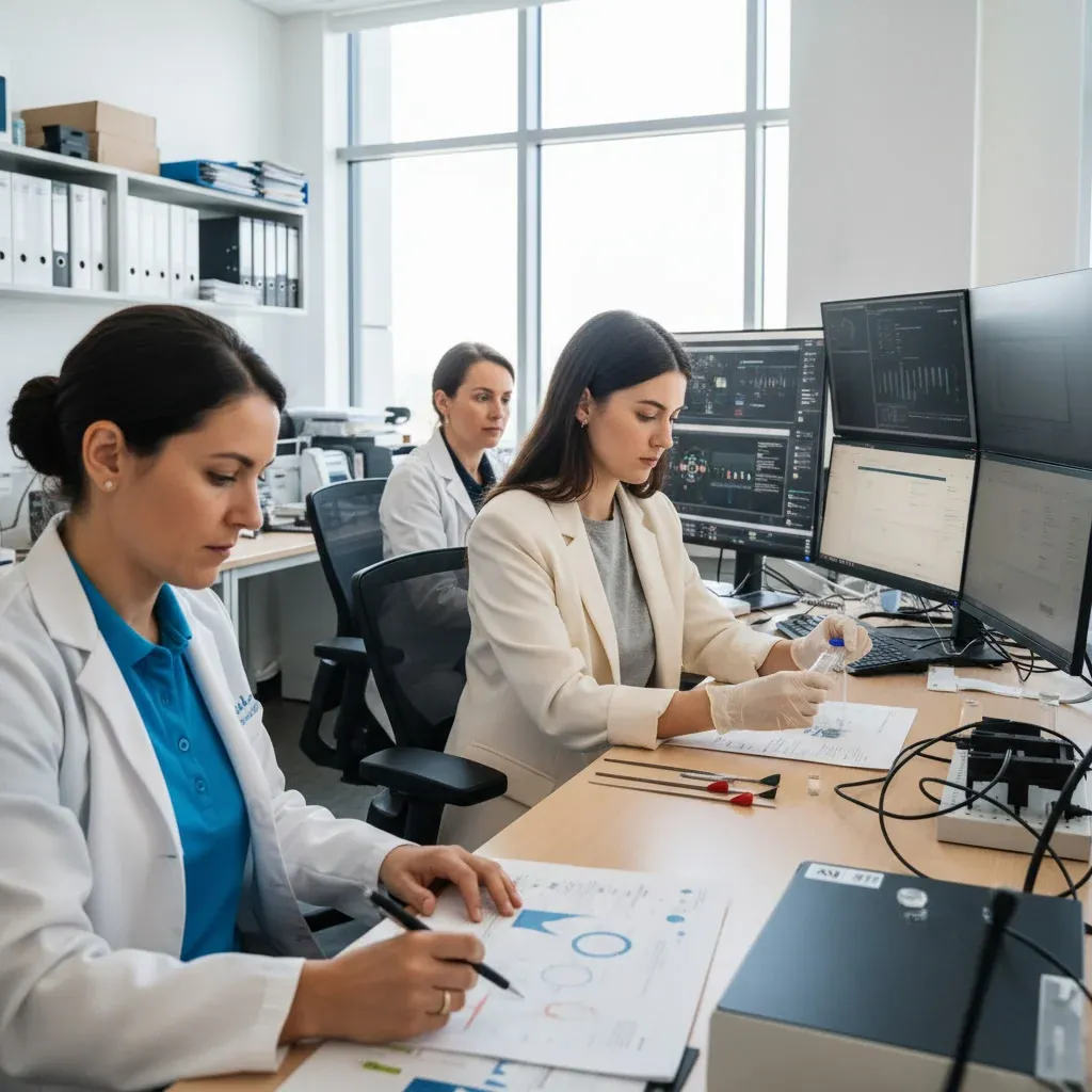 Scientist reviewing AI-generated chemical reaction plans with human lab team selecting top four experiments for testing in mo