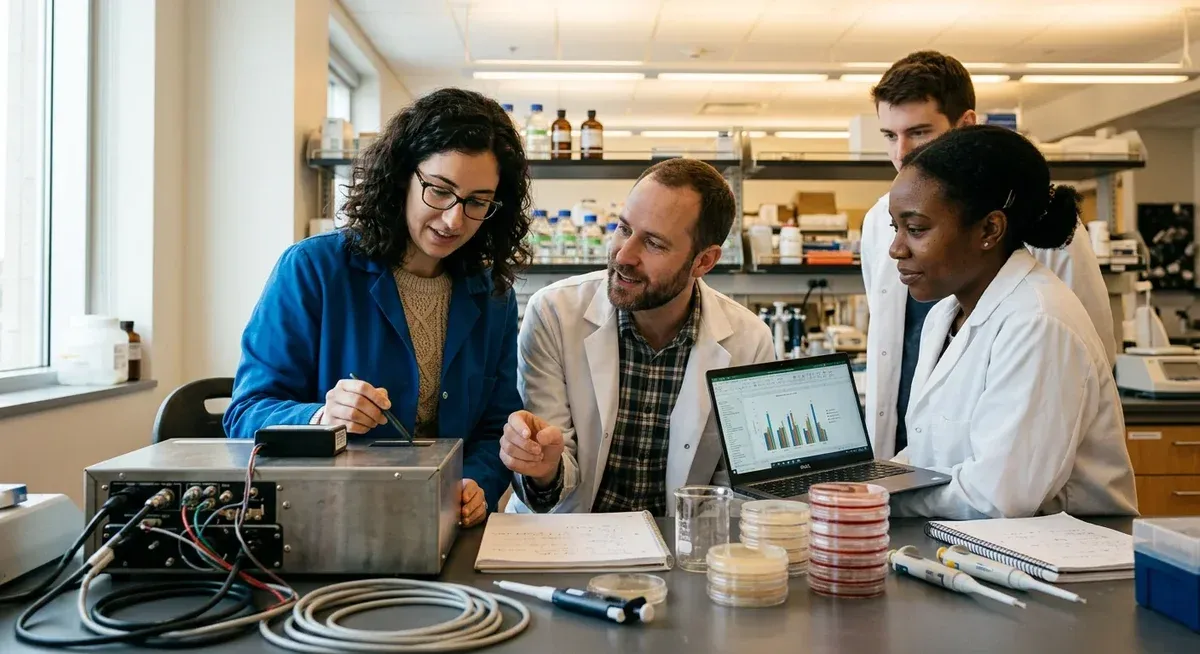 AI-designed bacteriophages (viruses) killing bacteria in a petri dish, Stanford lab research.
