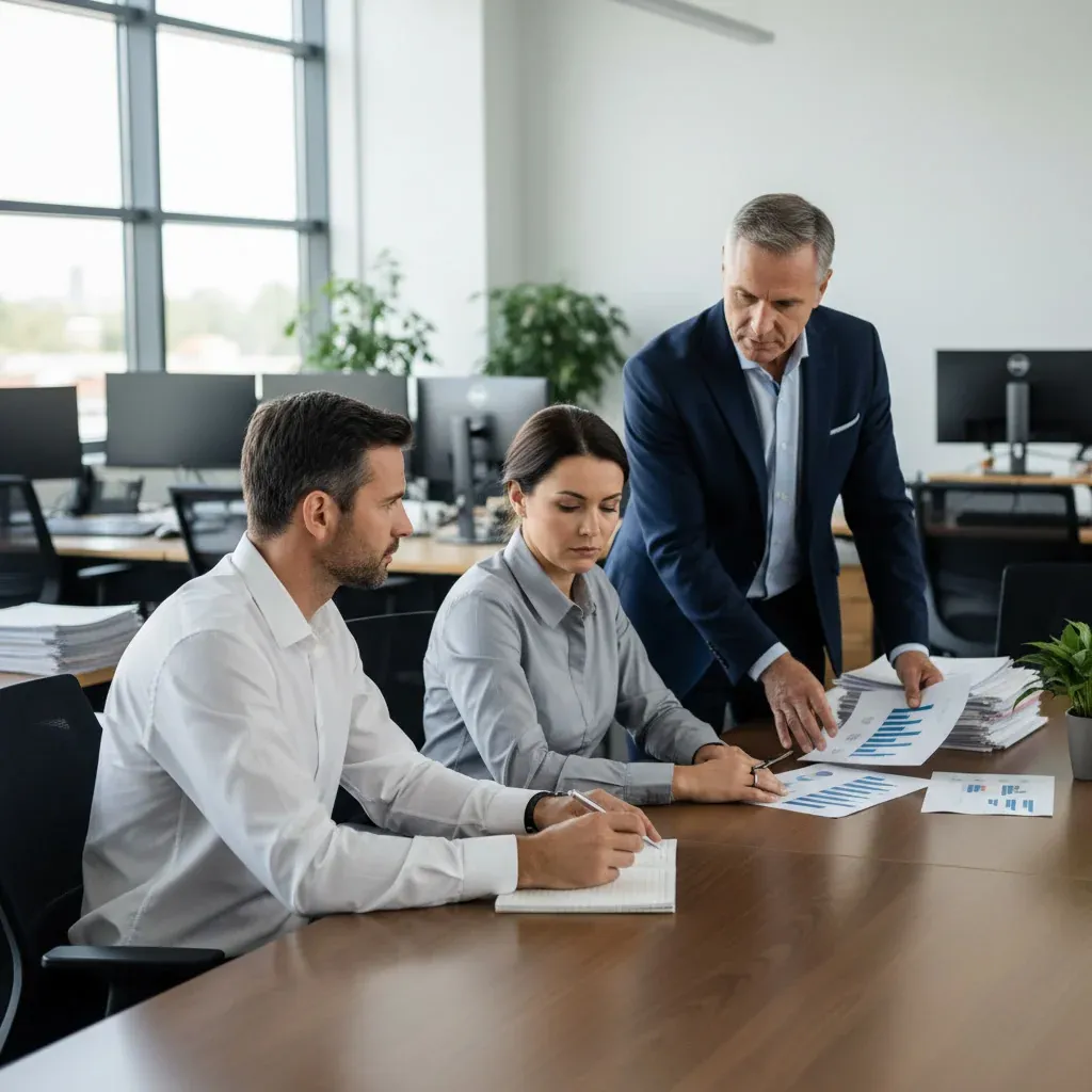 AI engineers in a modern office discussing rising operational costs while analyzing efficiency strategies on digital screens,