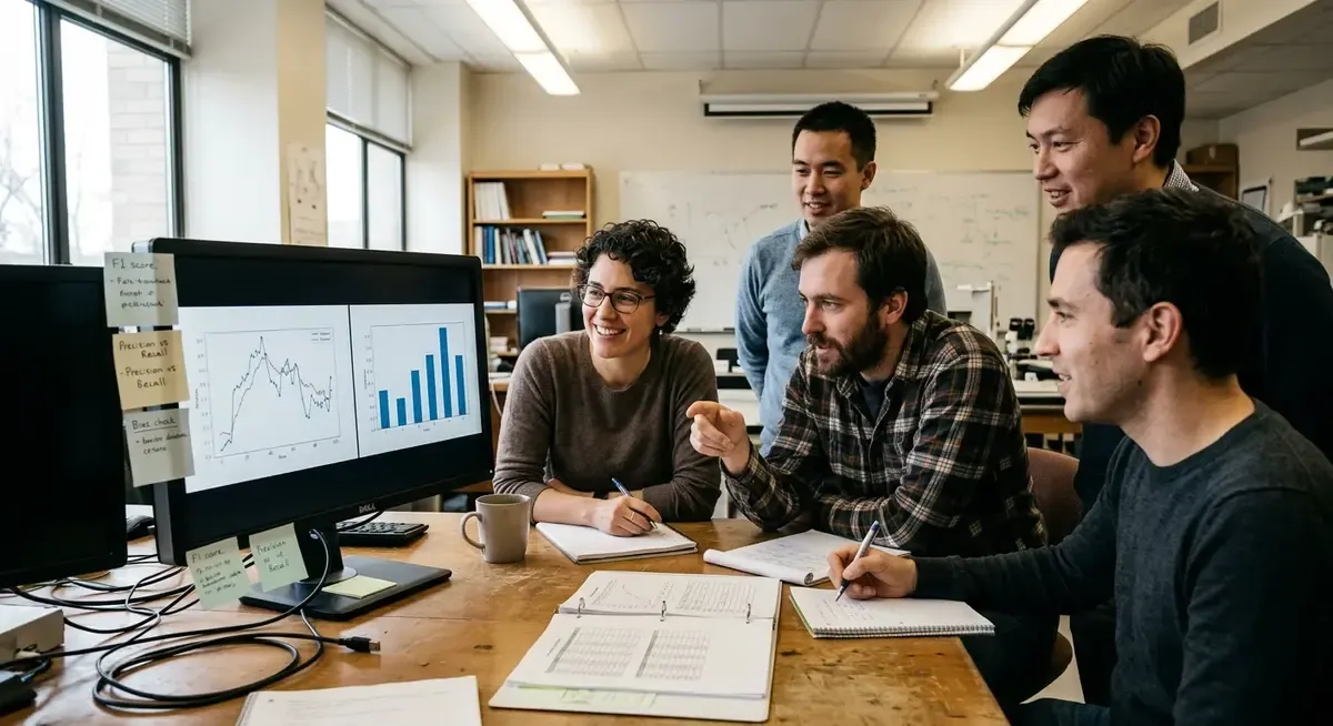 AI evaluators review past judgments on a screen, learning from data in a new testing method.