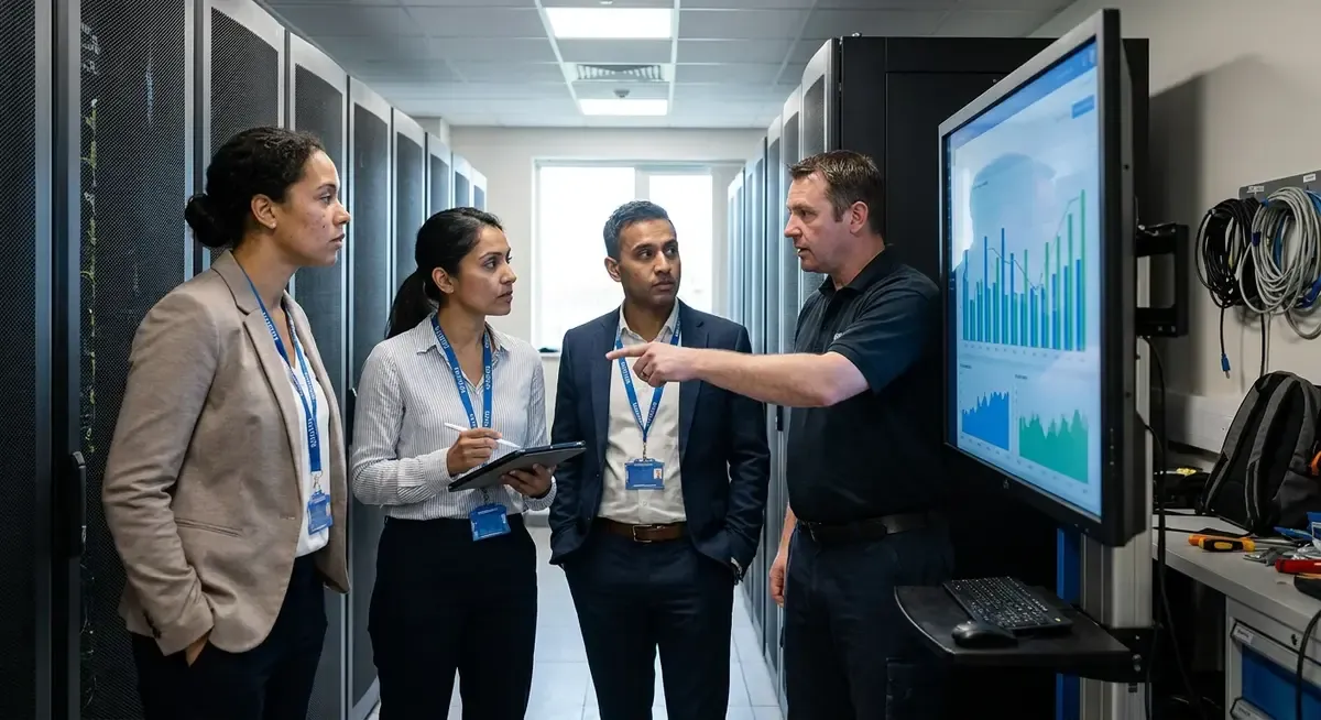 AI firms warn government: automated research risks, data security concerns. Scientists, computers, and data visualizations.