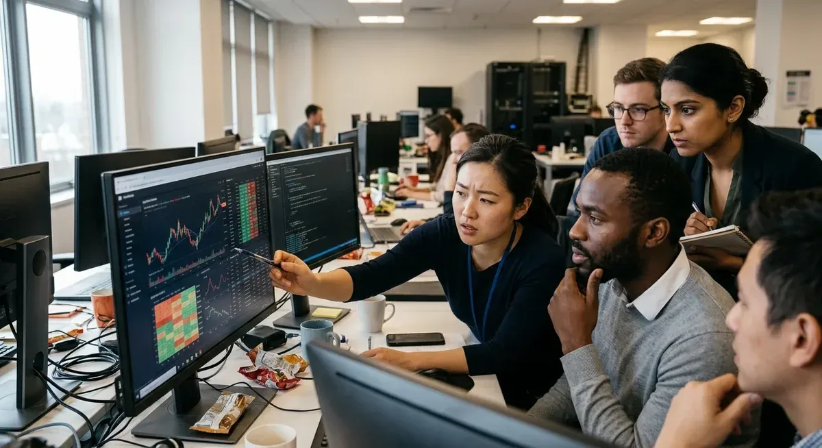 AI lab's advanced tech, glowing blue, symbolizes breakthroughs, yet raises concerns about human needs.