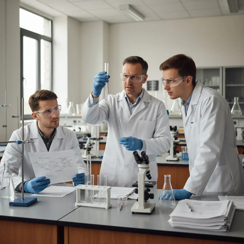 Scientists collaborate in a modern lab, exploring AI models analyzing chemical structures and reactions, highlighting innovat