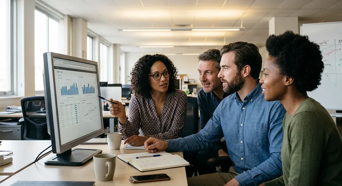 Manager with a stressed expression, head in hands, surrounded by chaotic AI-generated charts and data, symbolizing productivi