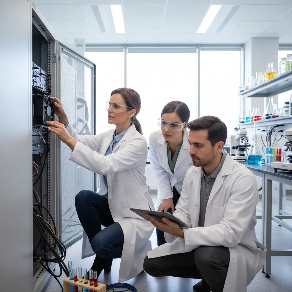 AI researchers discuss token warehousing strategy in a lab, pointing at GPU servers to reduce computational waste.