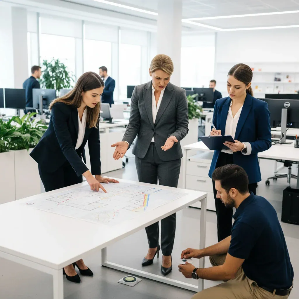 Retail aisle with customers, overhead AI sensors counting people and tracking flow; digital analytics display highlights smar