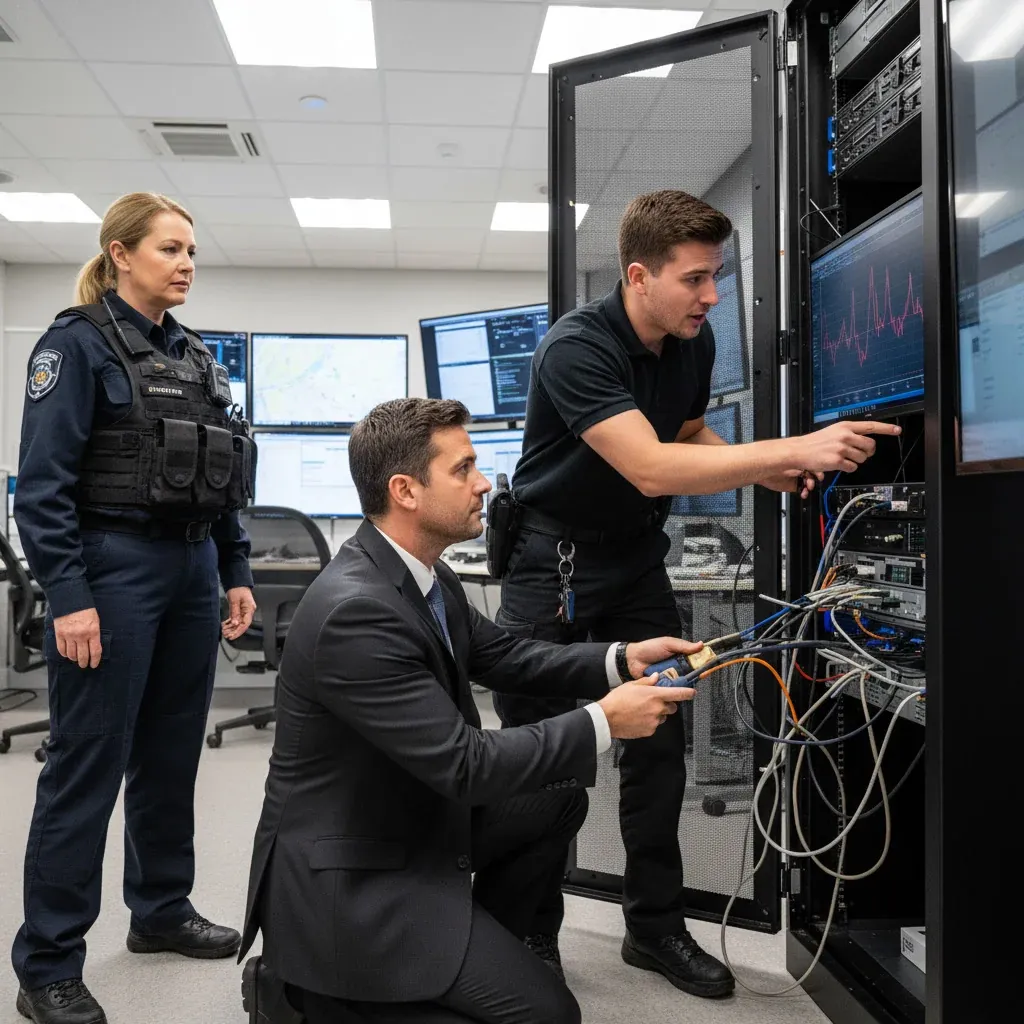 Data scientist examines glowing screens displaying AI‑driven grid forecasts over solar farms and wind turbines.