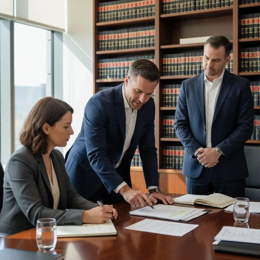 Close-up of concerned business professionals reviewing legal documents amid stacks of paperwork, symbolizing unclear export r
