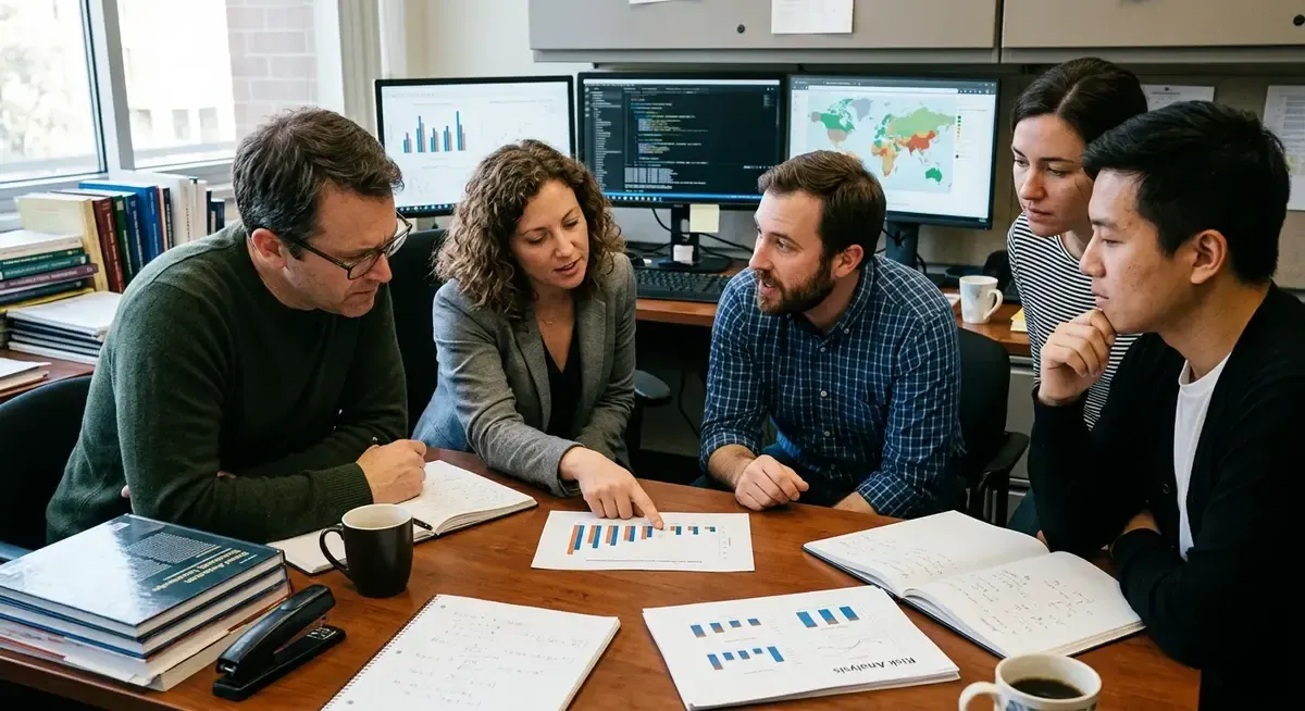 Anthropic scientist, Dr. Smith, in a lab, discussing AI extinction risk this decade.