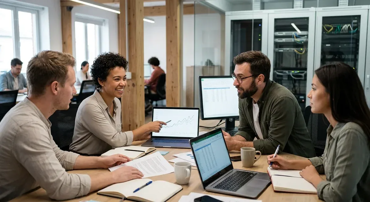 Arga Trains Enterprise AI in Full Work Environments: Diverse professionals collaborate, utilizing AI-powered tools in a moder