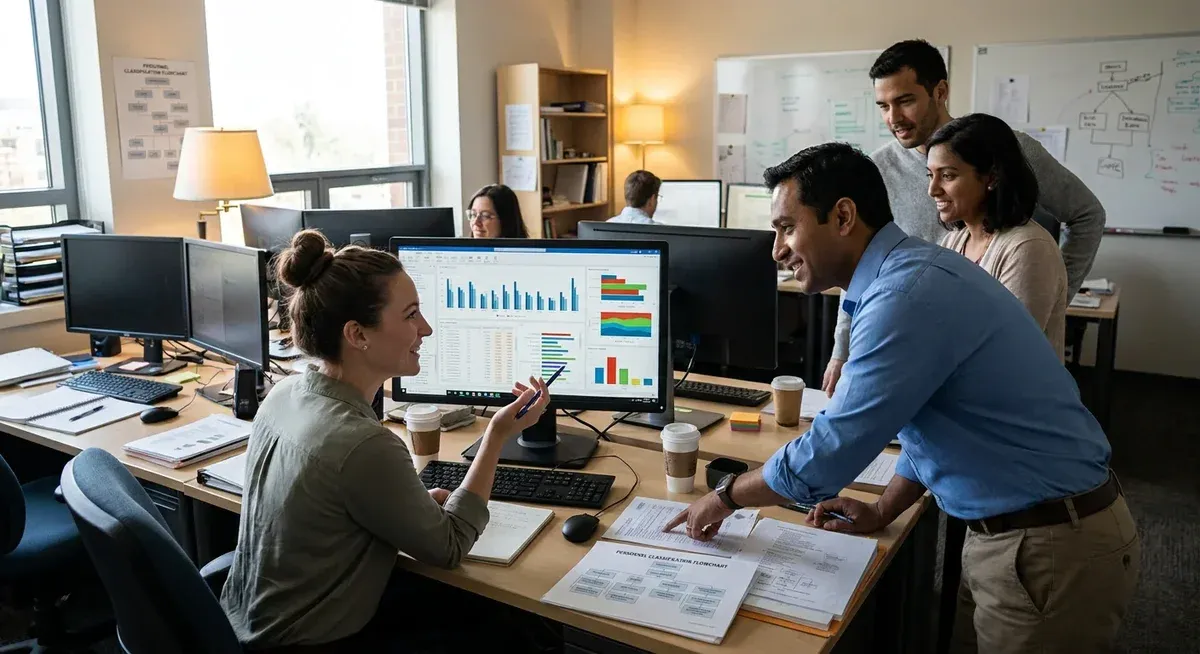 Army personnel use Ask Sage AI tool on computer to reclassify job descriptions, enhancing military efficiency.