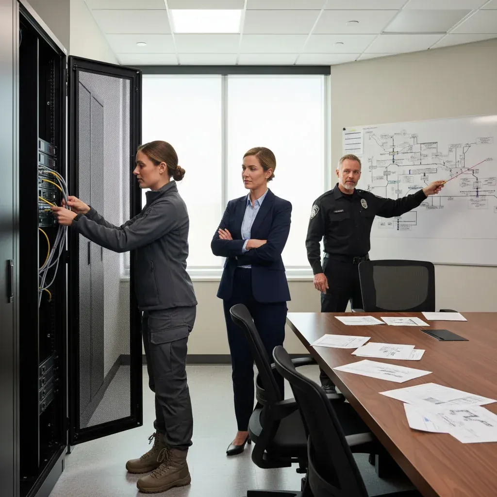 Close-up of a cybersecurity professional analyzing AI-driven audit tools displaying inventory, VPN, zero-trust network archit