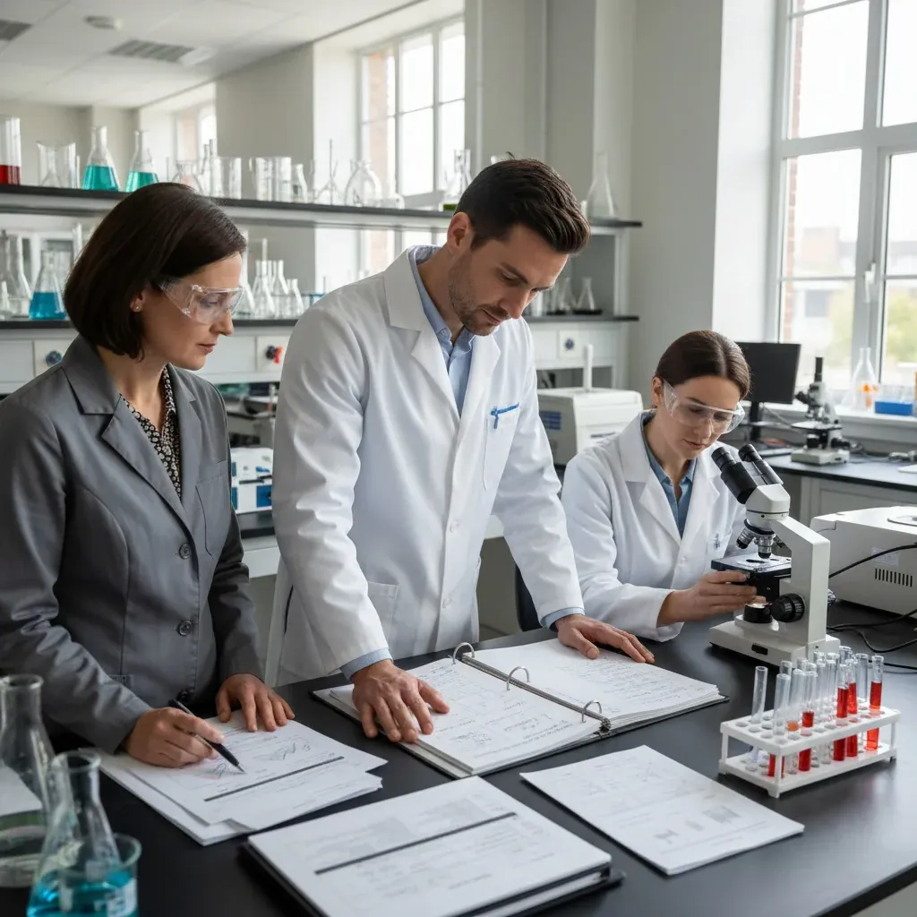Researchers using AI agents to automate federated learning algorithm search in a high-tech lab setting, showcasing advanced m