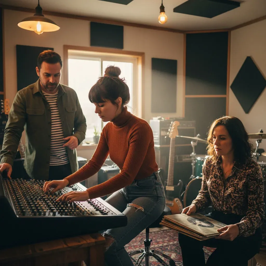 Bandcamp logo with red “no AI” slash over a waveform, musician with headphones and laptop, showing the platform’s AI ban.
