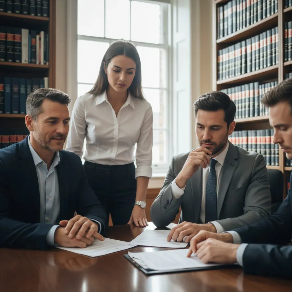 Chinese regulator in an office reviews documents as Manus and Meta executives shake hands, Beijing skyline visible.