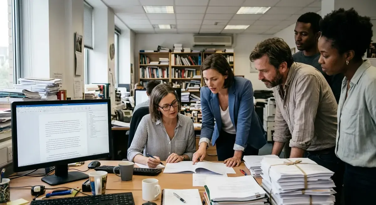AI chatbot on a computer screen, book publisher staff protesting low salaries in the background.