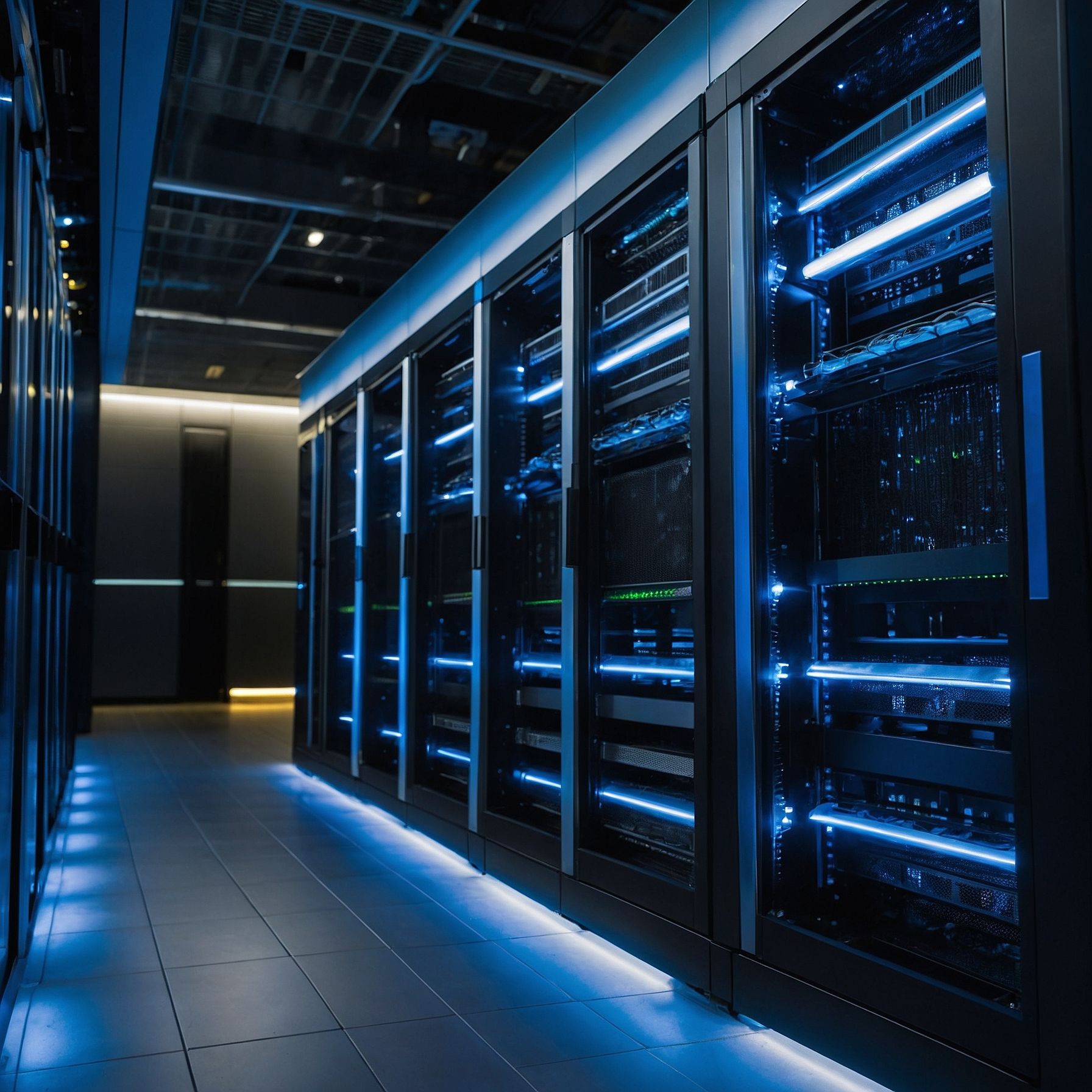 High-performance data center with modern server racks and blue LED lighting