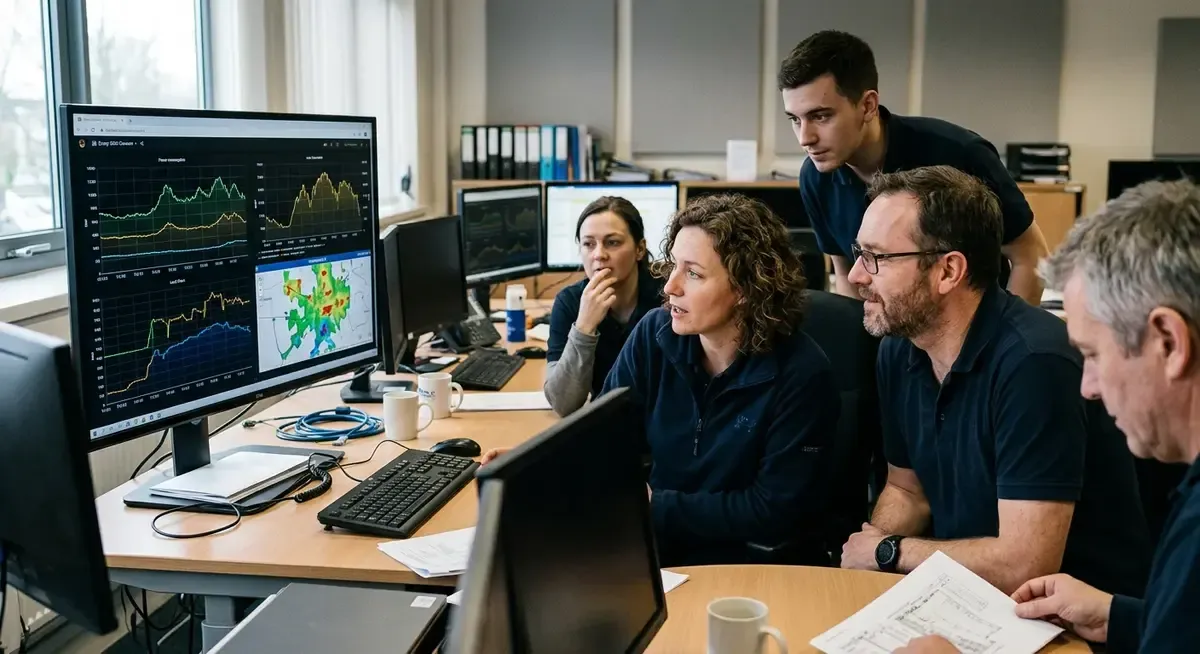 Coforge's new autonomous software factory, with AI agents on screens and a diverse team collaborating in a modern office.