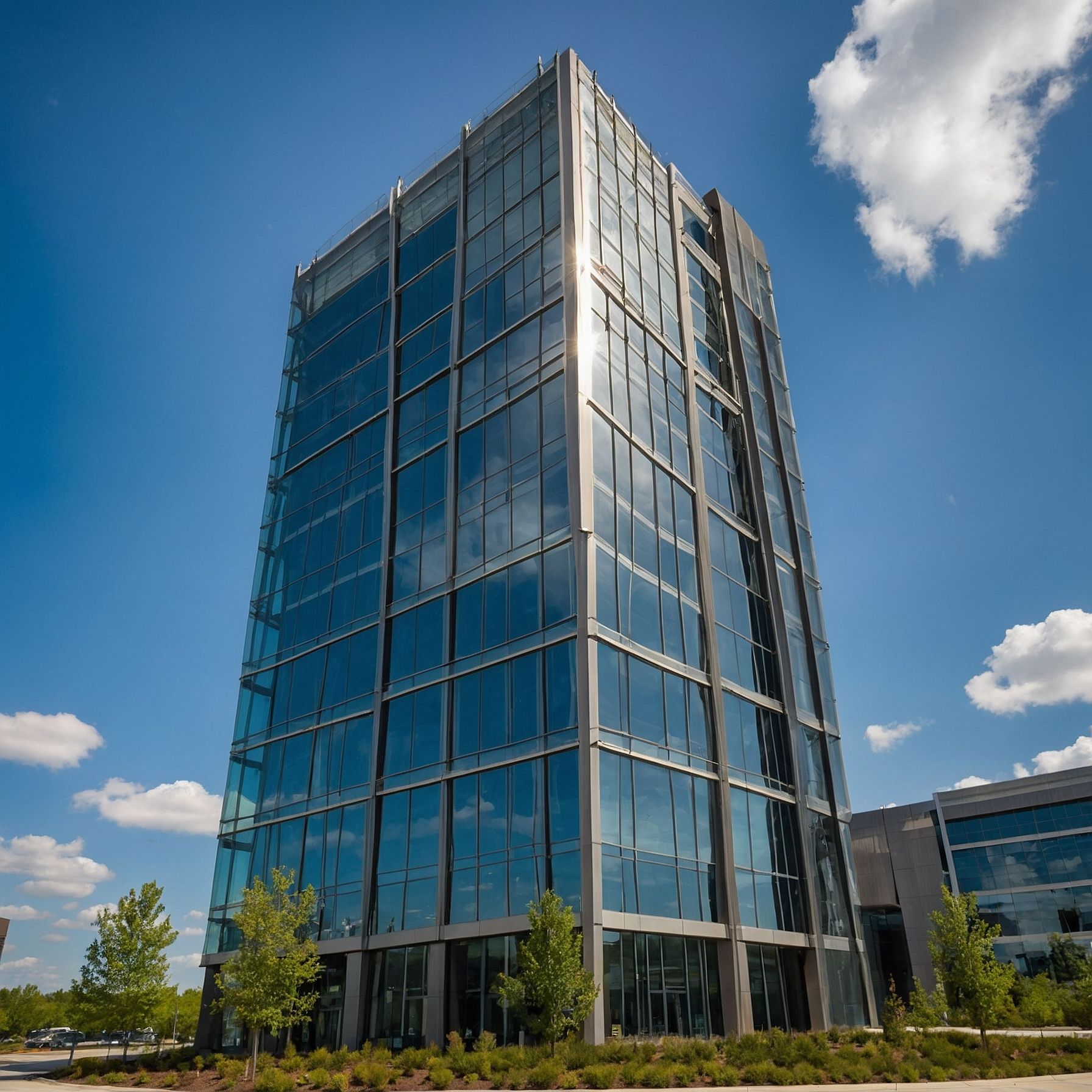 Modern corporate headquarters building with impressive glass and steel architecture