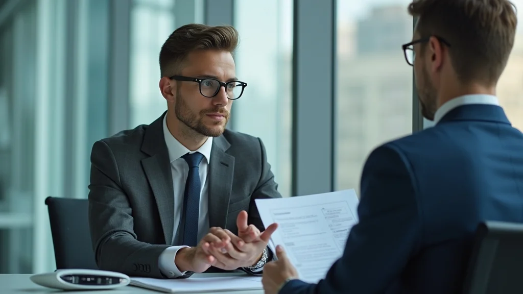 Business consultants discussing AI strategy in modern glass office