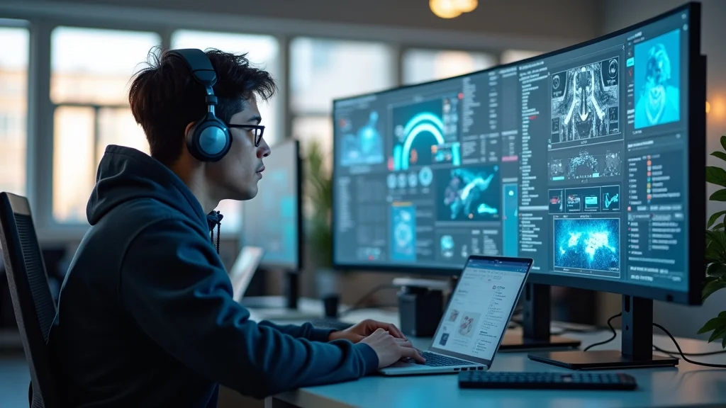 Game developer with headphones working on game development at curved monitor