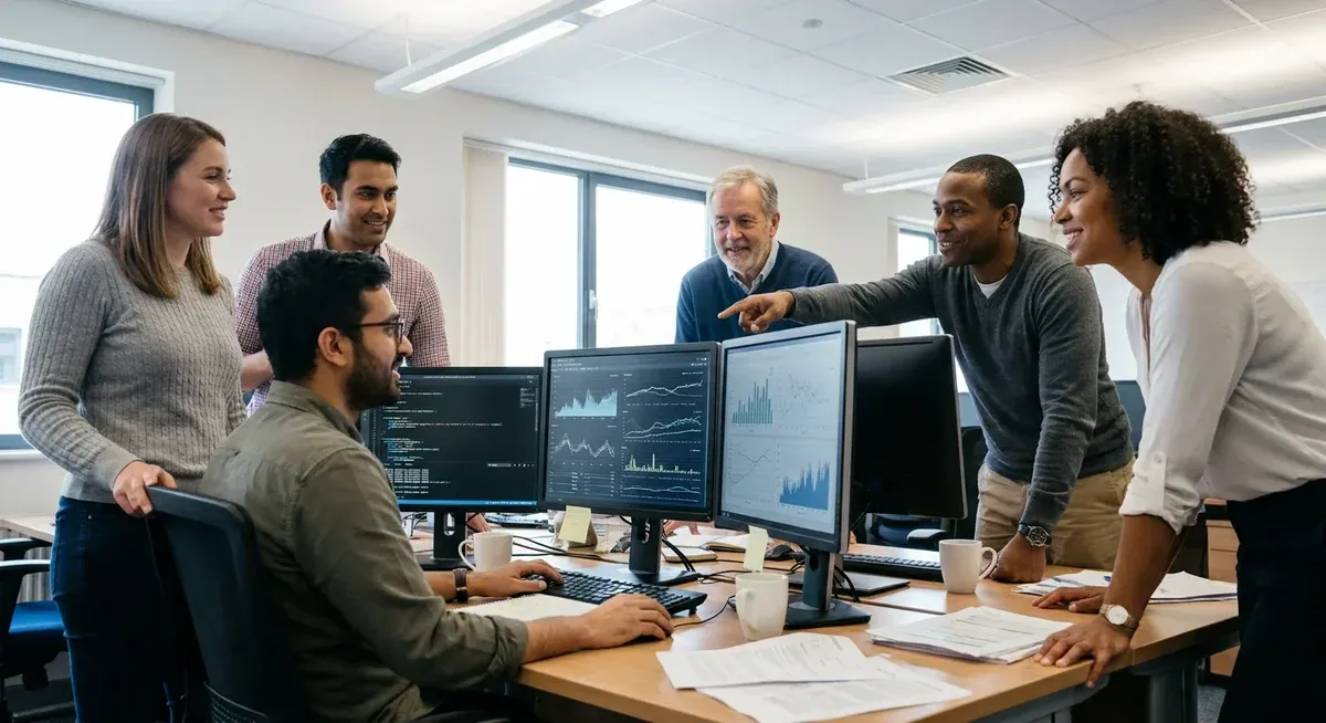 DeepMind AlphaFold team members, a diverse group of scientists, in a laboratory setting, discussing their groundbreaking prot