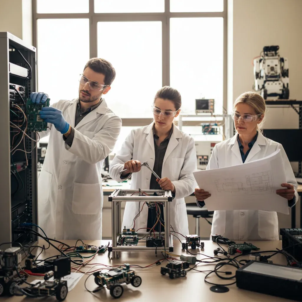 A professional woman reviews a colorful AI workflow diagram on a laptop, highlighting seven transparent efficiency tools.