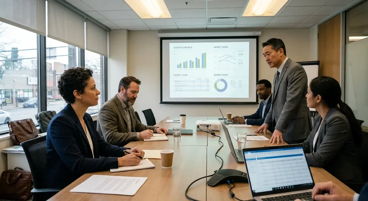 DoorDash CEO Tony Xu stands in a modern office, a digital interface displaying AI-generated order data on a large screen behi