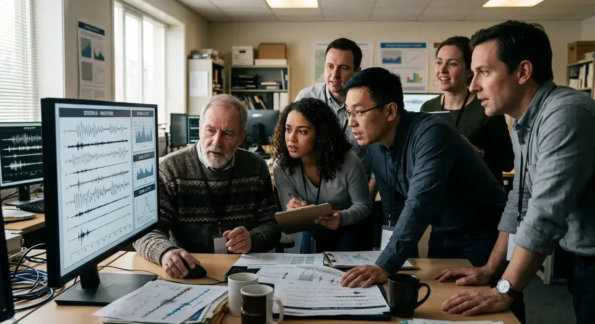 FEMA trainees in yellow vests practice emergency response outdoors; AI alerts loom as readiness lags.