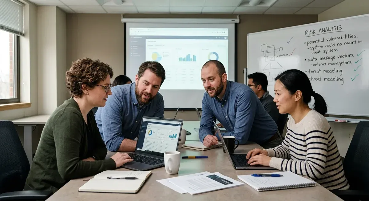 Former cybersecurity founder, a man in a suit, analyzes AI data on a laptop, applying threat analysis.