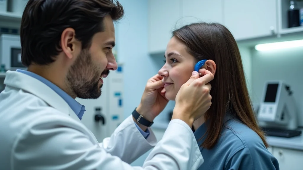 Audiologist fitting hearing aid on patient in modern clinic