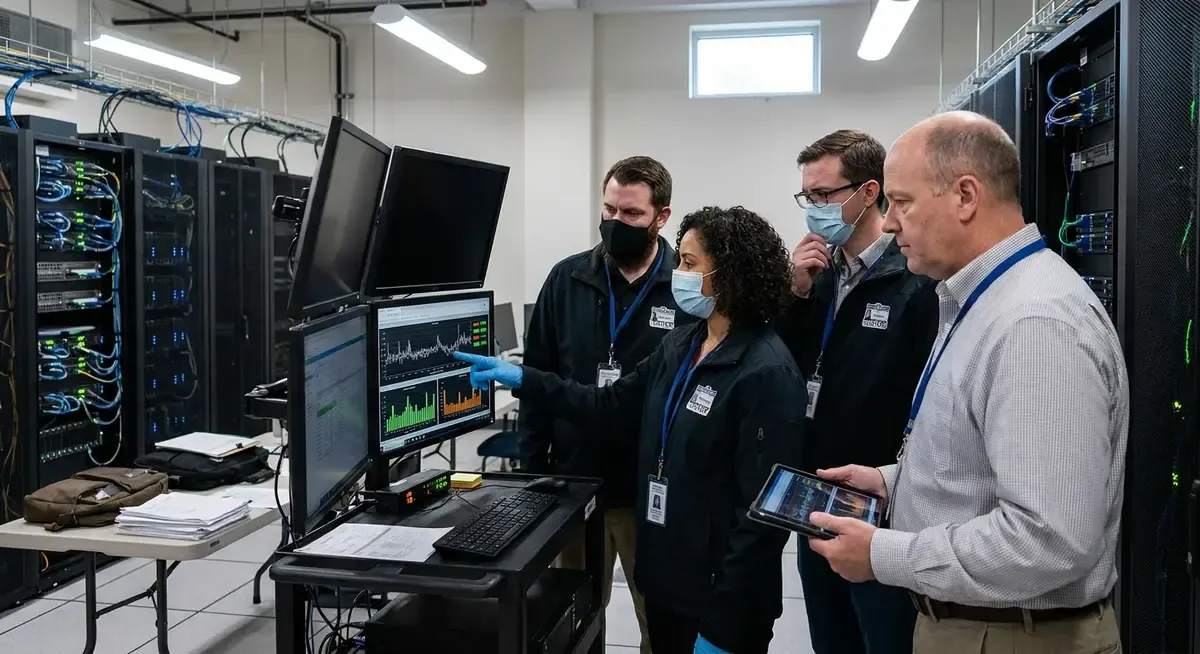 Government officials reviewing AI cybersecurity systems on large digital screens, highlighting rapid adoption of artificial i