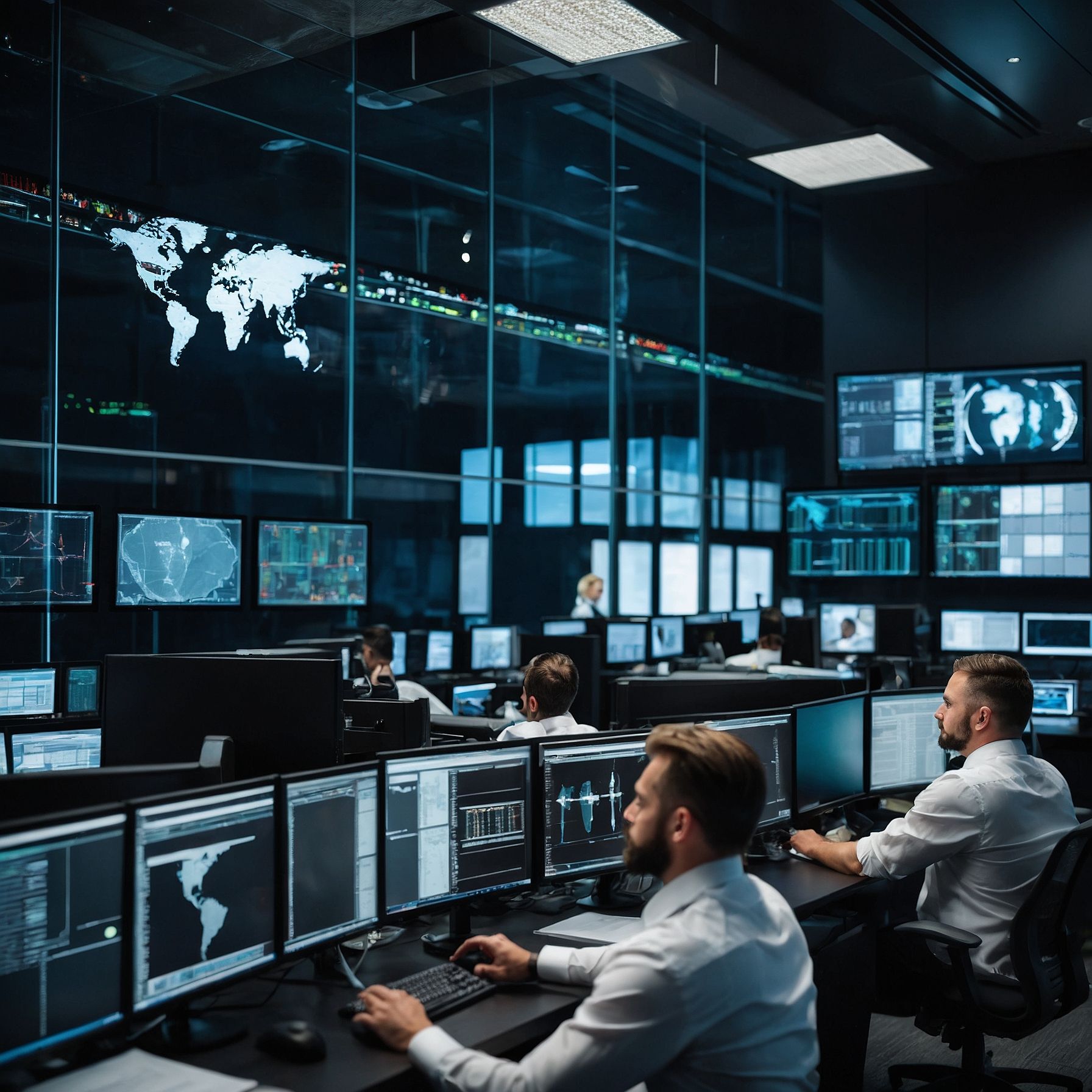 Modern cybersecurity operations center with security analysts at monitoring workstations