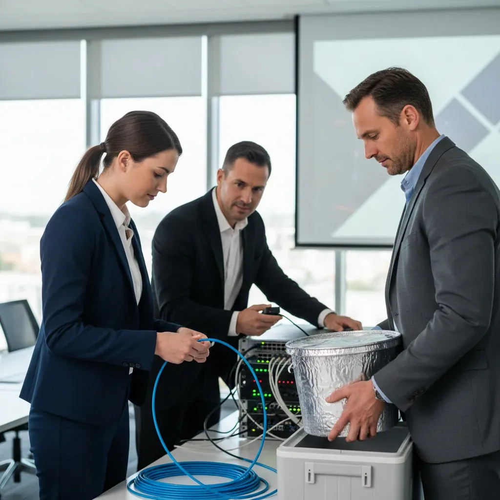 HCLTech and Magnum Ice Cream execs shake hands before a data center, with AI graphics and ice‑cream branding visible.