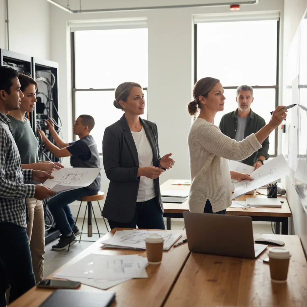 Indian tech CEOs discuss data platform strategy in a sleek boardroom, large screen showing cloud icons and code