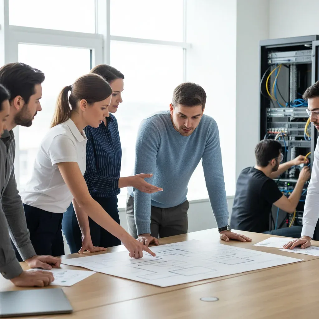 Infosys team reviewing AI project dashboard on large screen, showcasing 4,600 AI deployments for 90% of top global clients.