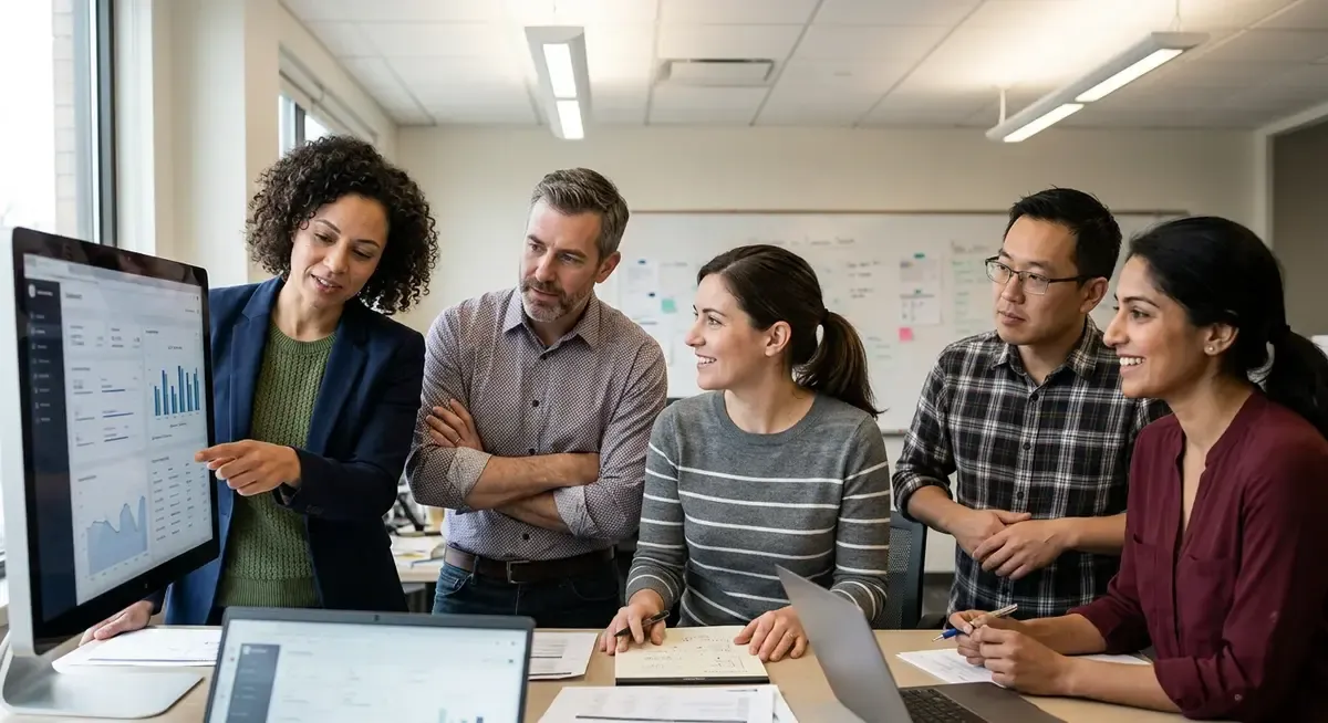 Karta AI's diverse team collaborates in a modern office, symbolizing their USD 3M seed funding success to automate banking ca