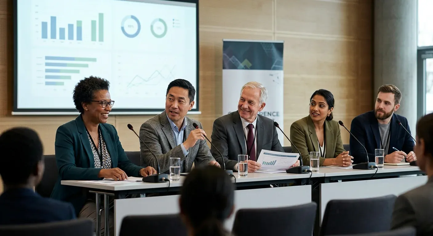 King's AI discussion panel with industry leaders, diverse experts on stage, blurred audience.