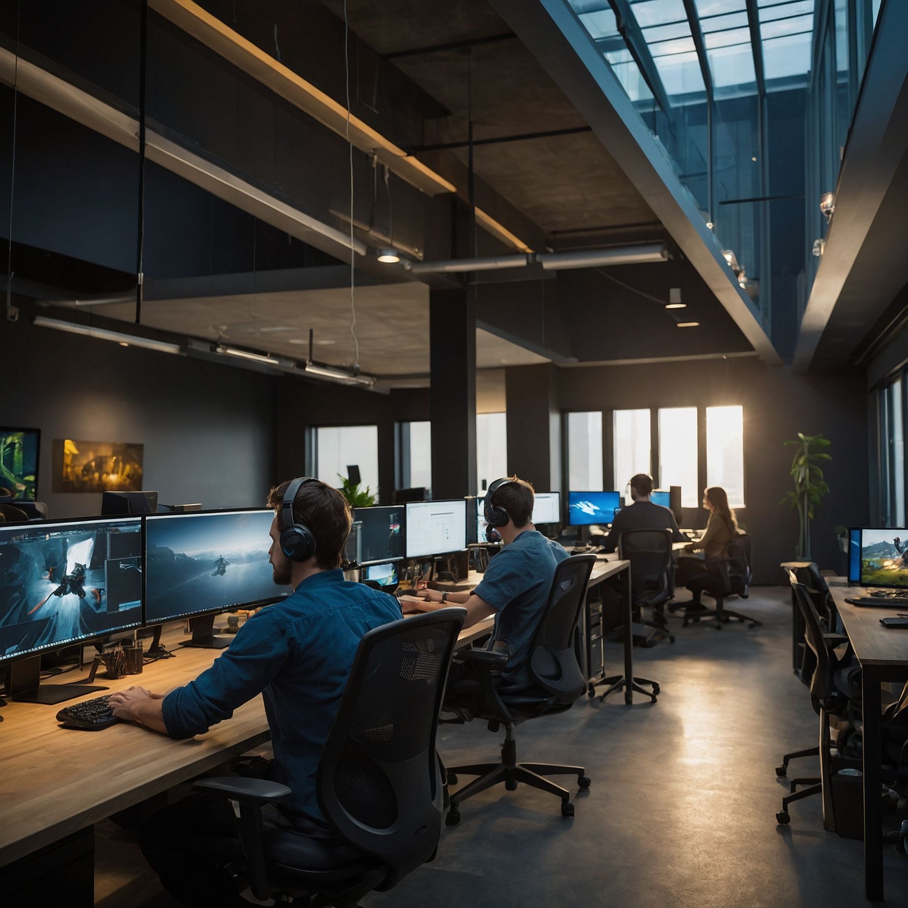 Modern gaming studio office with tech professionals at workstations