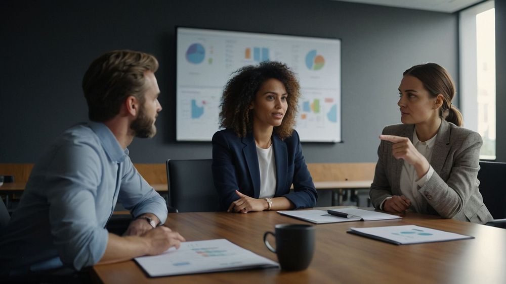 Three AI model screens display distinct answers while council members in a modern conference room watch intently.