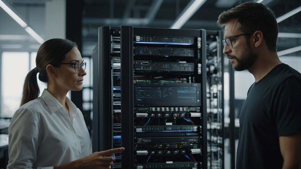 Engineers in a data lab view benchmark graphs on monitors as the Mistral Large 3 server glows under overhead lights.