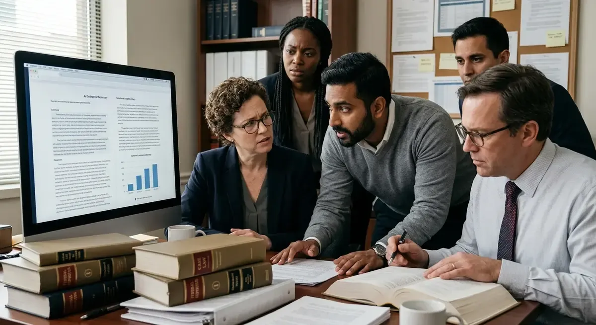 Lawyer in a courtroom, holding documents, facing a judge. AI instructions in legal filings.