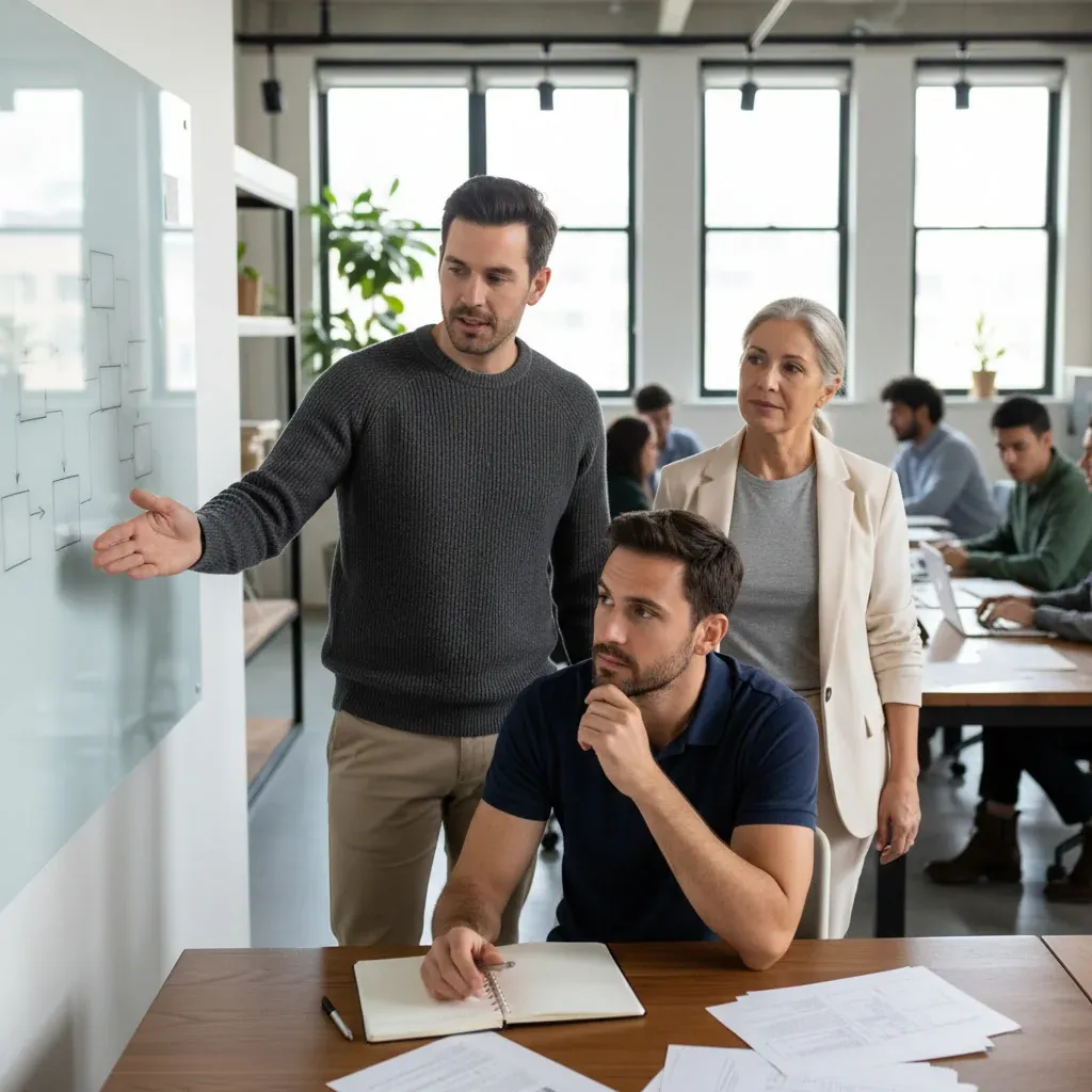 Collaborative meeting of architects, managers, and media discussing sustainable design solutions amid industry hype and profi